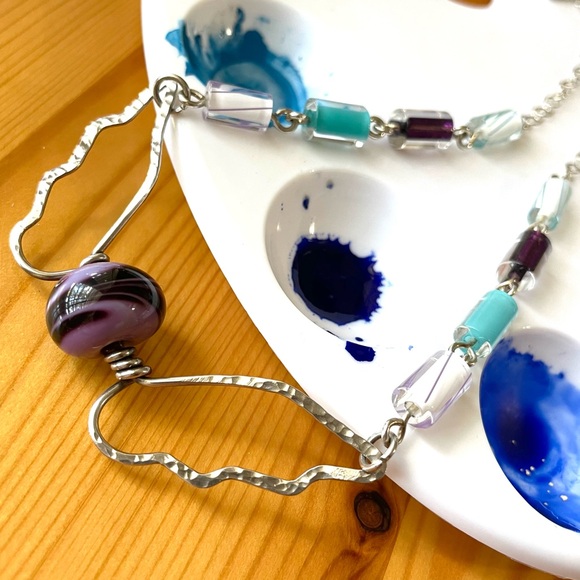 Handmade Sterling‎ Bat Wing Necklace Lampwork Beaded Chain Purple Turquoise - Picture 8 of 9